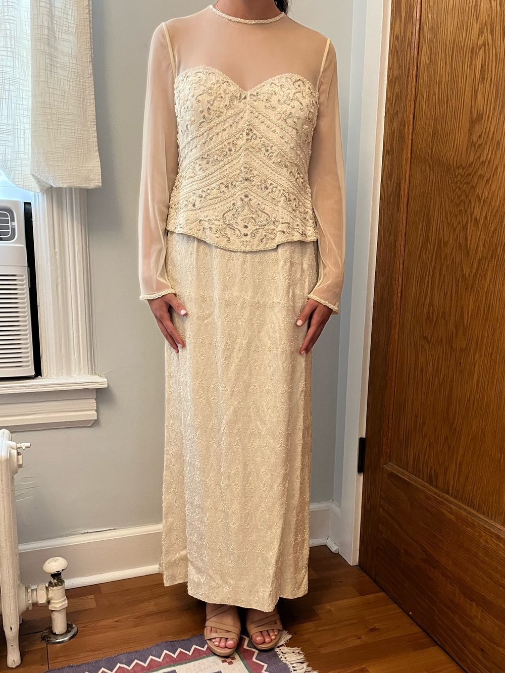 Montage by Mon Cheri Cream Beaded Long Dress with Sheer Sleeves
